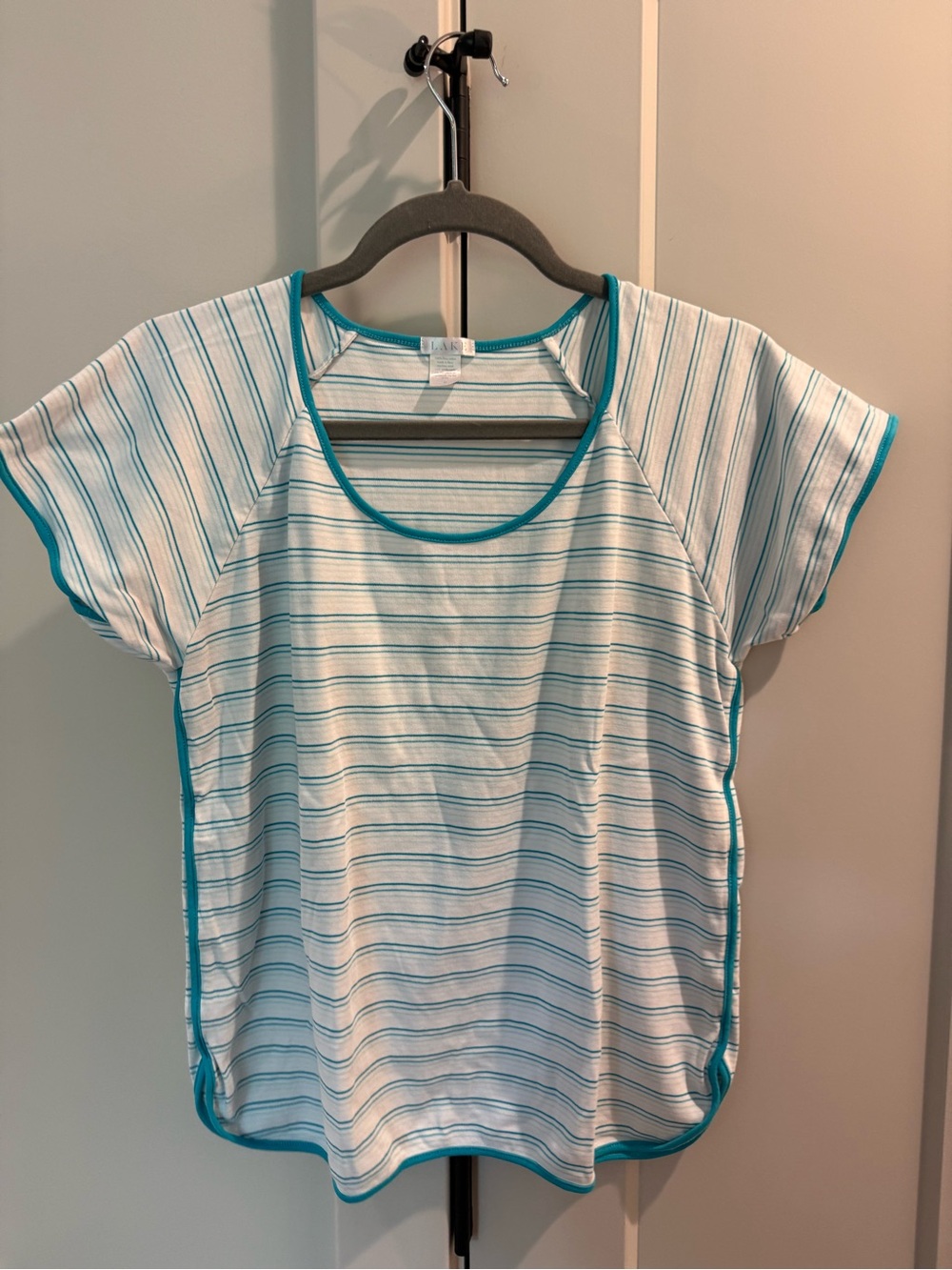 Lake Pajamas Striped Two-Piece Lounge Set in White and Teal Trim - Picture 2 of 5